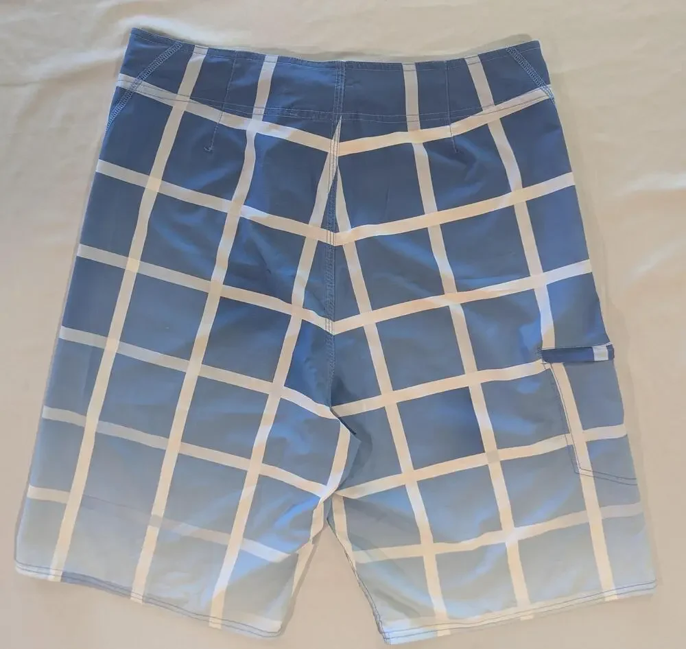 TRU CAL Shorts Mens 34 Blue Plaid Board Swim Trunks Drawstring Stretch Pocket